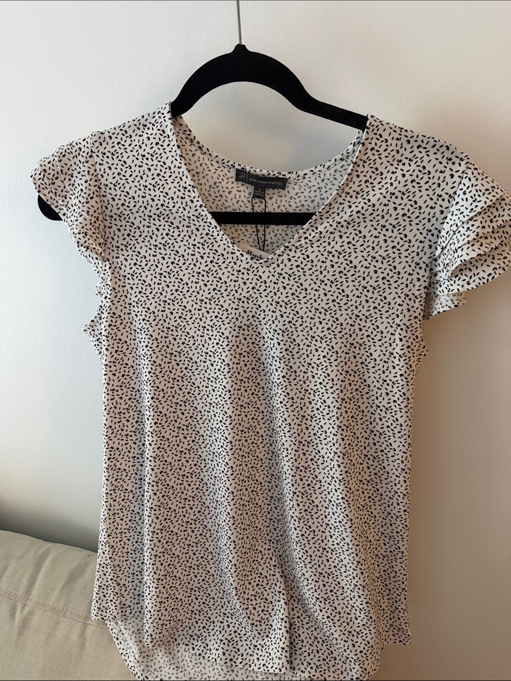 Adrianna Papell Cream Short Sleeve V-Neck Top with Black Dot Print